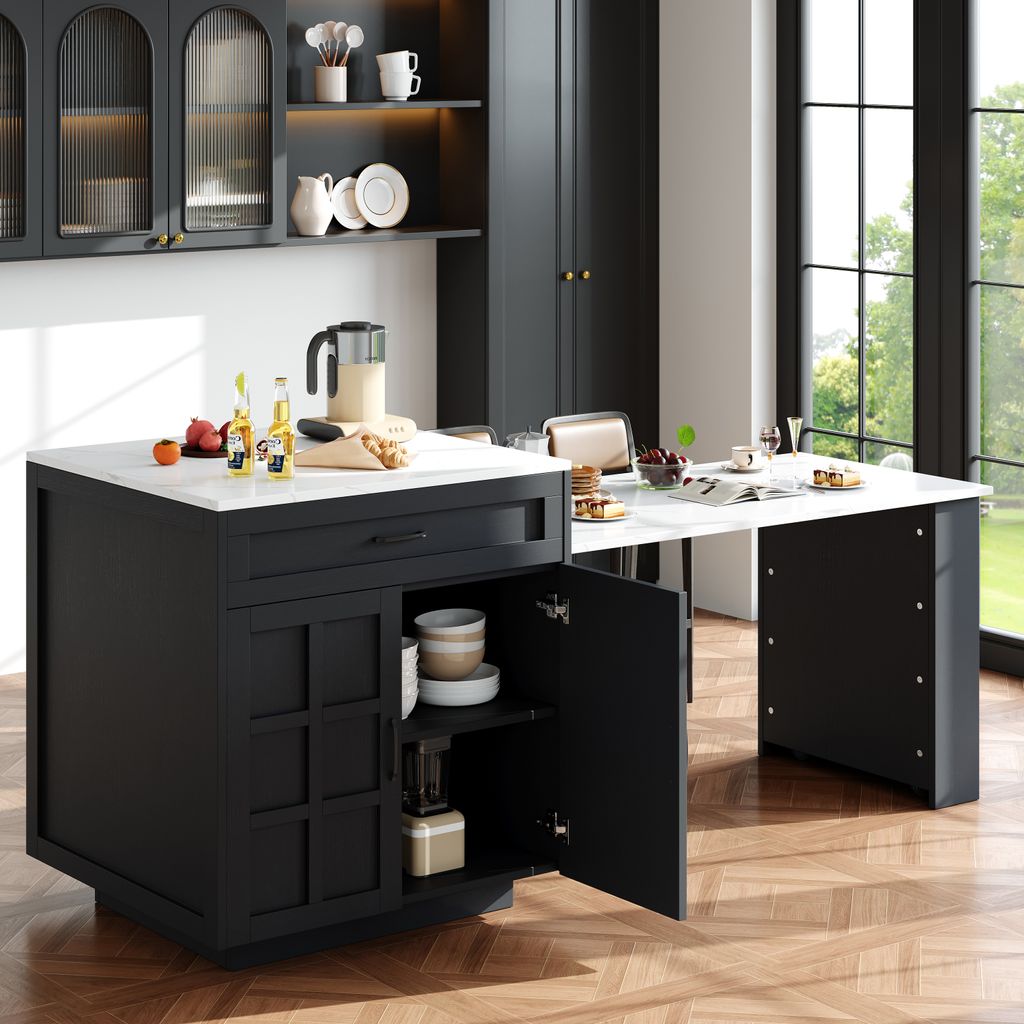 MODFU Sideboard,Kommode,Kücheninsel,Ausziehbarer Tisch mit Stauraum,mit 2 Schubladen und 4 Fächern, mit seitlichen Ablagen, Schwarz