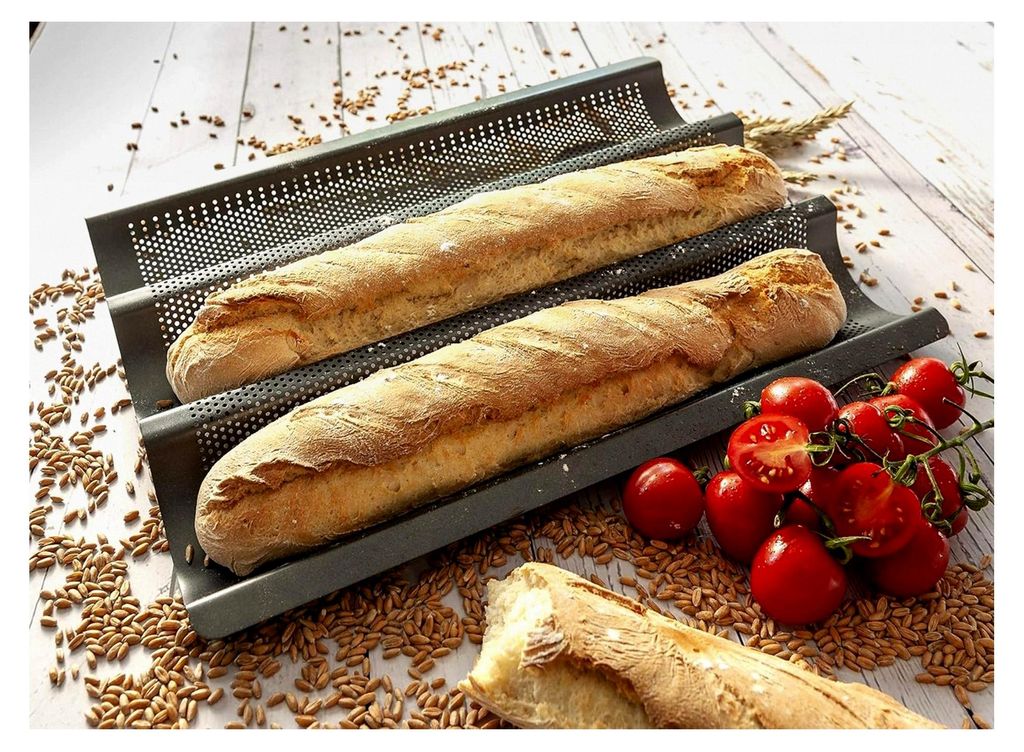 Baguetteblech mit Antihaftbeschichtung - Backform für 3 Baguettes - Blech für Stangenbrote - Brotbackform - Zubehör zum Backen