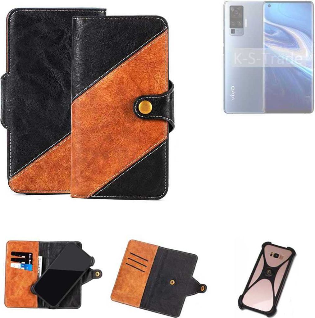 K-S-Trade Handyhülle Schutzhülle Bookstyle Case Wallet-Case kompatibel mit Vivo X51 5G Handy Cover Bumper Klapphülle schwarz hellbraun 1x
