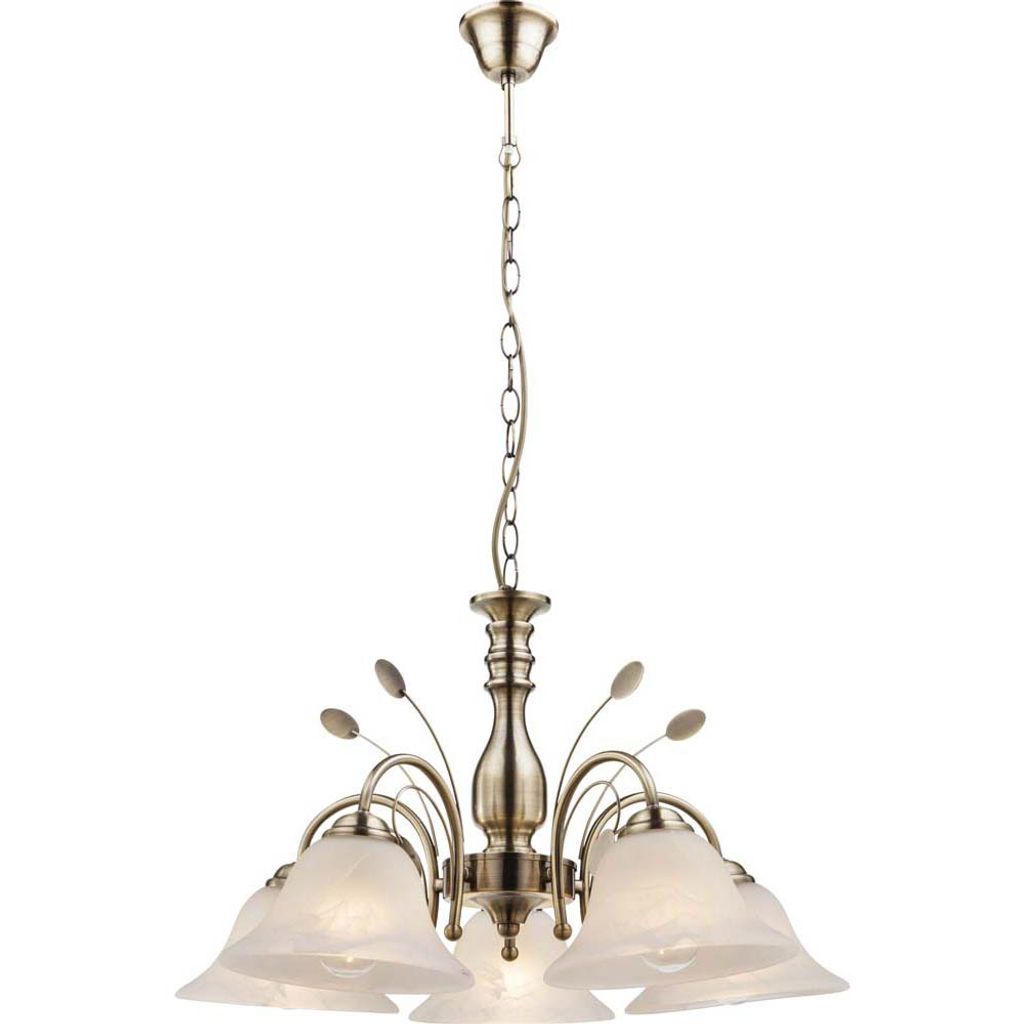 Globo Lighting Luster Metall altmessing, Glas, weiß, Kabel PVC champagner, ø: 600mm, H: 1000mm, exkl. 5x E27 60W 230V