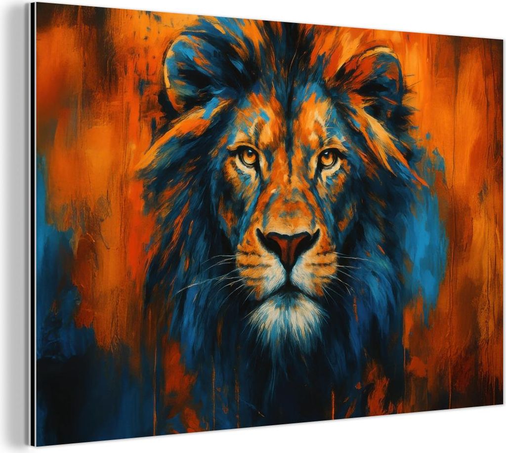 MuchoWow Wanddekoration Metall Metallbild Wandkunst 60x40 cm Gemälde - Löwenkopf - Orange MuchoWow Aluminium Gemälde - Gemälder