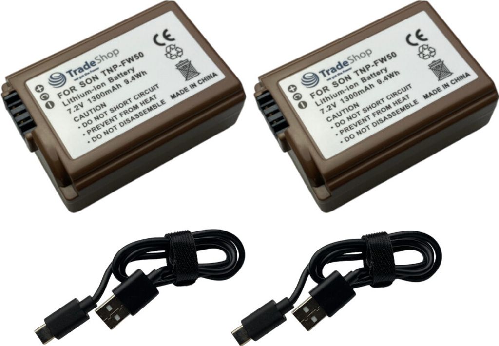 2x Trade-Shop Li-Ion Kamera-Akku 7,2V 1300mAh inkl. Typ-C Ladekabel kompatibel mit Sony Alpha SLT-A35 SLT-A37 SLT-A55 SLT-A55V 6400M 6400L 6500 ZV-E10
