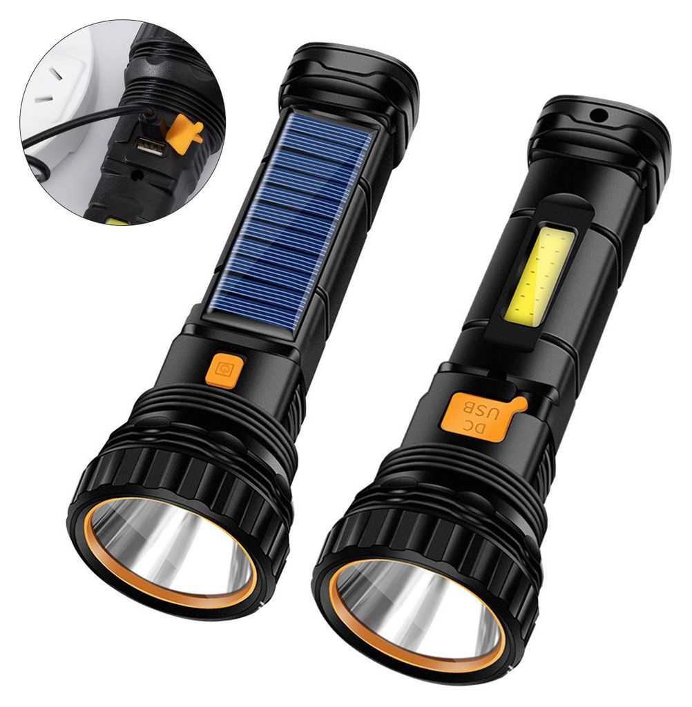 2er Set LED-Taschenlampen, 1000 Lumen, Solar & Wiederaufladbar, USB-Ladefunktion, Notlicht