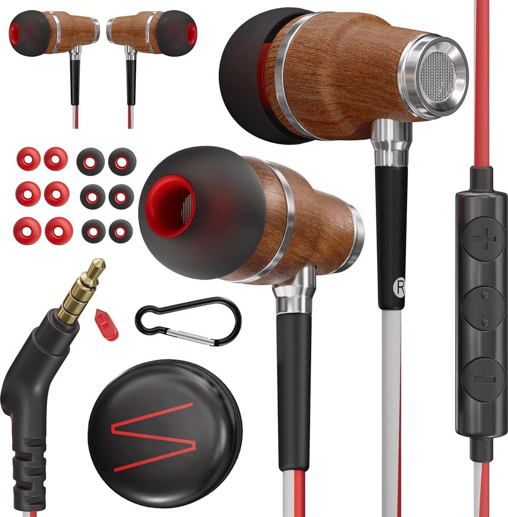 In Ear Kopfhörer mit Kabel und Mikrofon HD, Premium Noise Cancelling kopfhoerer In Ear, 8-mm-Bass, 3D-Sound aus Bubinga-Holz, Lautstärkeregler