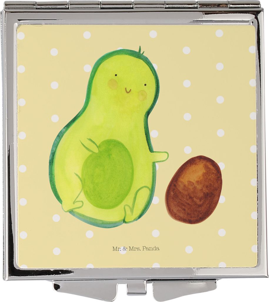 Mr. & Mrs. Panda Taschenspiegel Avocado Kern rollt - Gelb Pastell - Geschenk, Klappbarer Spiegel, Frauen, Wunder, Love, Avocados, Schminkspiegel, G...