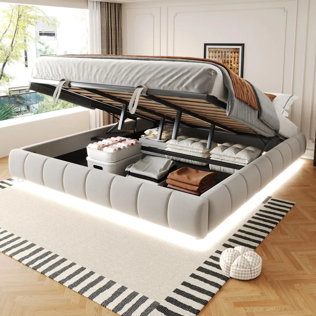 Lit double 180x200 beige sans tête de lit avec grand coffre de rangement