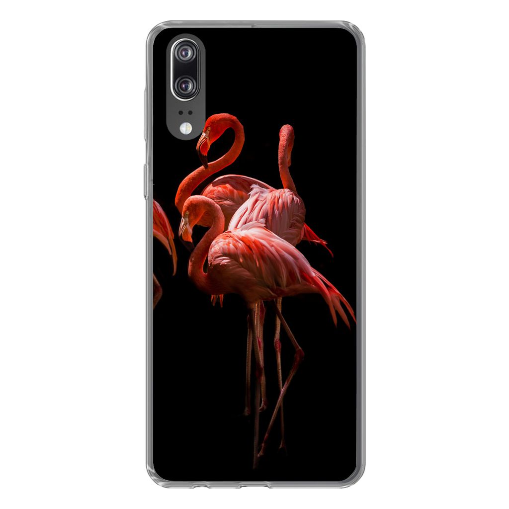 MuchoWow Handyhülle Schutzhülle Hülle für Huawei P20 Flamingos - Vögel - Federn - Schwarz Silikon Softcase Handy Hülle - Hardcover