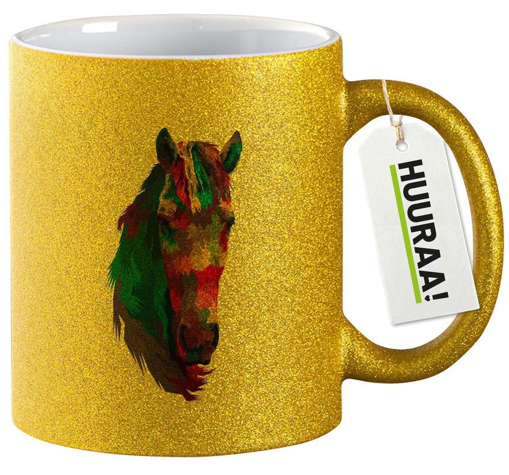 Huuraa Glitzertasse Pferdekopf Colorful 330ml Gold Keramik Kaffeebecher Geschenkidee