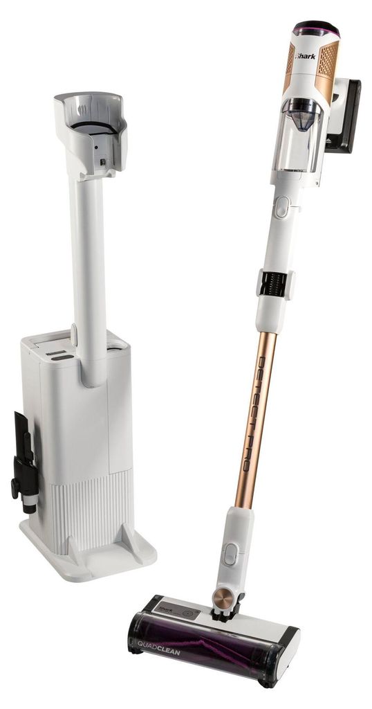 A cordless vacuum cleaner and its charging dock are displayed against a white background.