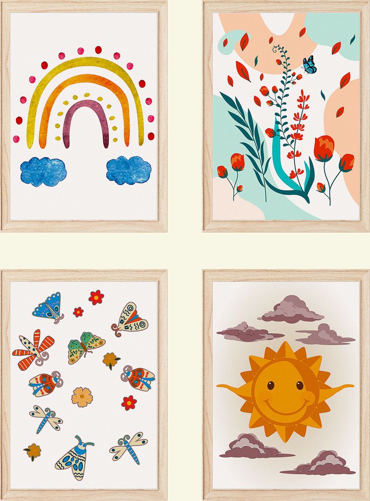 Regenbogen Sonne Schmetterlinge Bilder 4er Set DIN A4 Kinderzimmer Wandbilder Babyzimmer Poster Dekoration