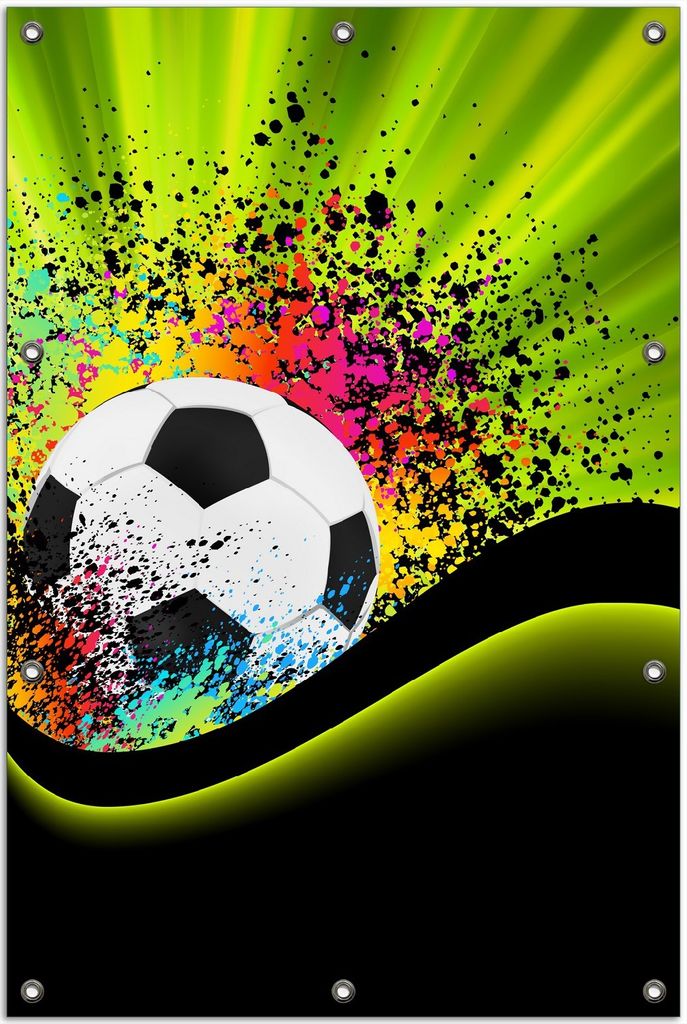 Wallario Outdoor-Poster für Garten oder Balkon, Motiv Fußball - Design Wellen und Regenbogen in grün, in ca. 80 x 120 cm