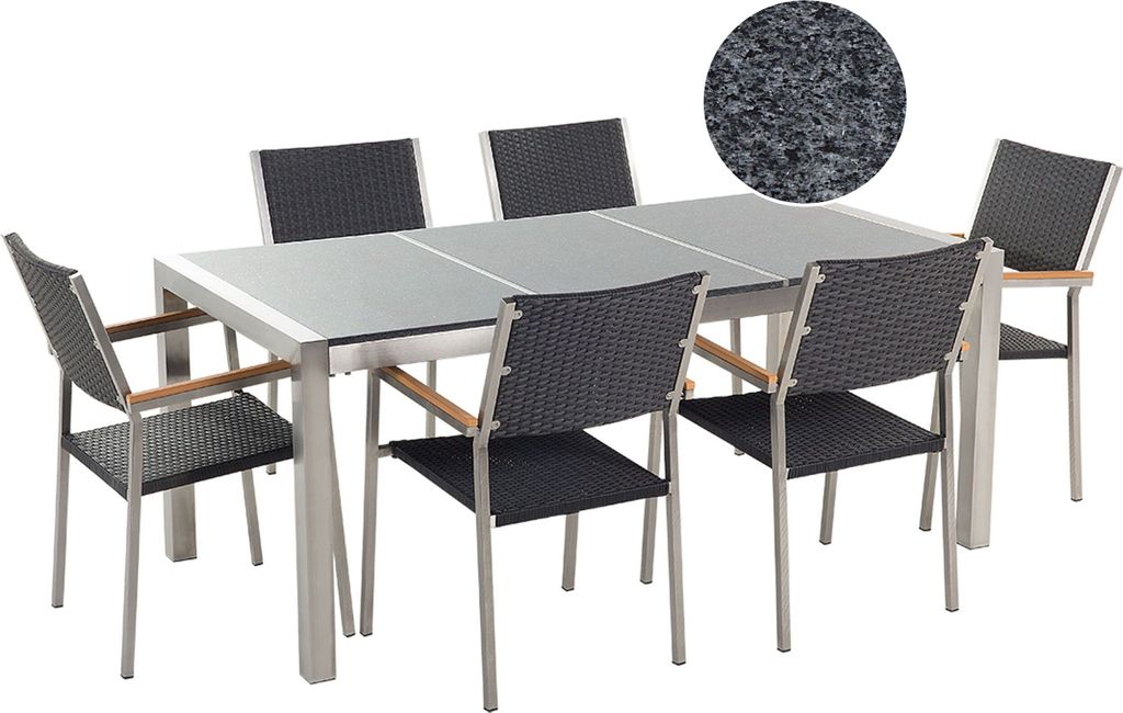 BELIANI Gartenmöbel Set Grau Schwarz Granit Edelstahl Tisch 180 cm mit 3 Platten Poliert 6 Rattanstühle Terrasse Outdoor Modern