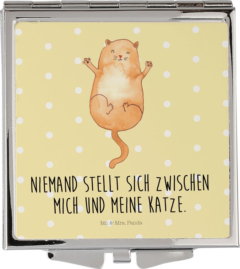 Mr. & Mrs. Panda Schminkspiegel Katze Umarmen - Gelb Pastell - Geschenk, Cats, Klappbarer Spiegel, Frauen, Katzen, Reisespiegel, Freundin, Quadrati...