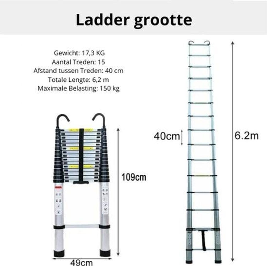 Teleskopleiter - 6,2 Meter - Abnehmbare Haken - Ausziehbare Stufen - Zusammenklappbar - Rutschfeste Füße - Heimwerker - Treppe