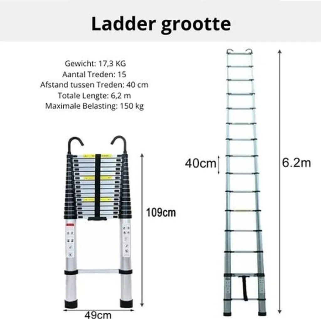 Échelle télescopique 6,2m avec crochets amovibles en aluminium robuste