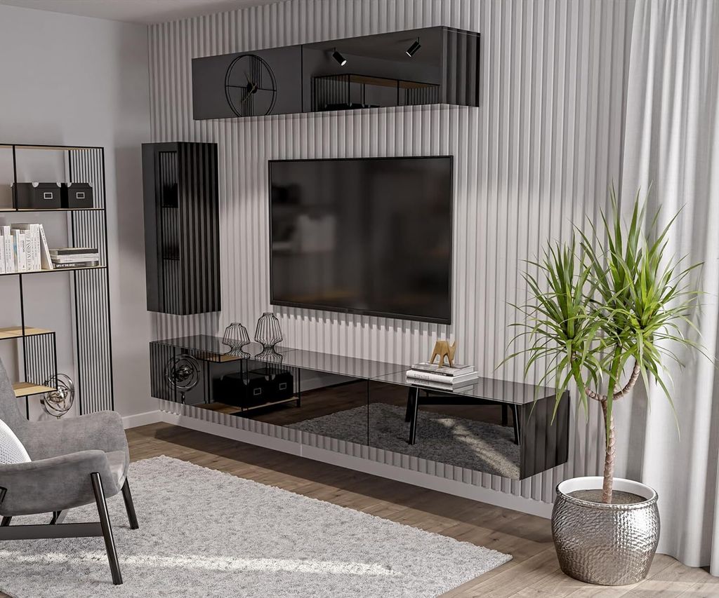 HAJDUK FURNITURE Wohnwand Hochglanz Schwarz 270 cm, TV Lowboard 3x90 cm + 2x Wandschrank 90 cm + 105 cm