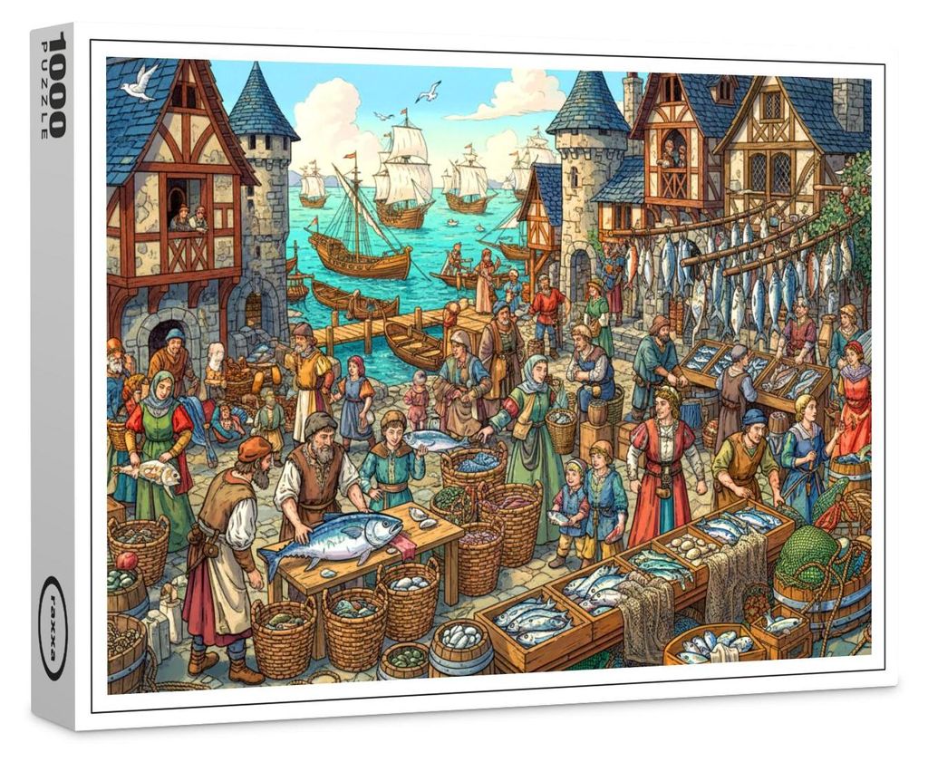 raxxa Premium-Puzzle "Fischmarkt im Mittelalter - Produktbild 