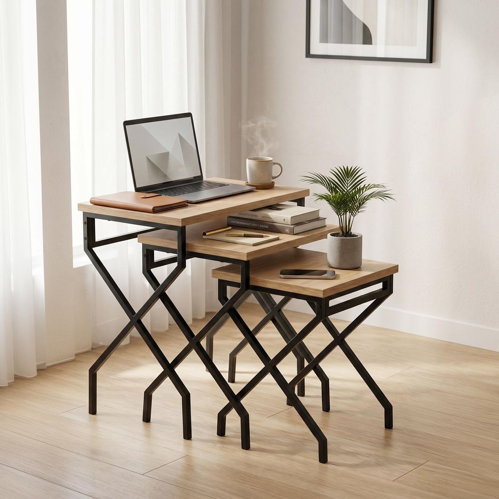 Carenza Home Beistelltisch 3er Set Couchtisch eckig, Sofatisch Industrial Metall Holz mit X-Beinen, Nesting Tables Wohnzimmer, 52 + 46 + 40 cm Schwarz