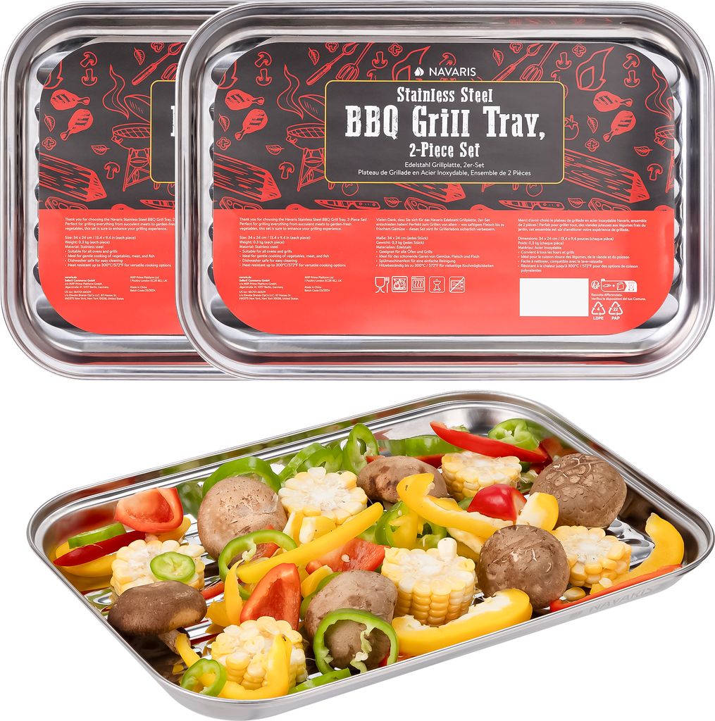 Navaris Edelstahl Grillschale 2er-Set - Grillkorb Gemüse - Grillpfännchen für Grill - Grill Schale für Gemüse - Hervorragende Hitzespeicherung...