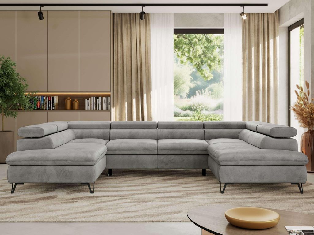 Ecksofa mit Schlaffunktion, Bettkasten, U-form, einstellbare Kopfstützen, Wohnzimmersofa mit Topper T25 - PABLO U - Velvet - Hellgrau