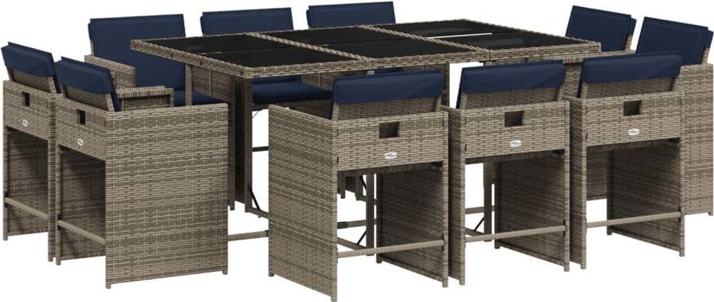 11-teiliges Garten-Ess-Set mit Kissen, grau, Polyrattan