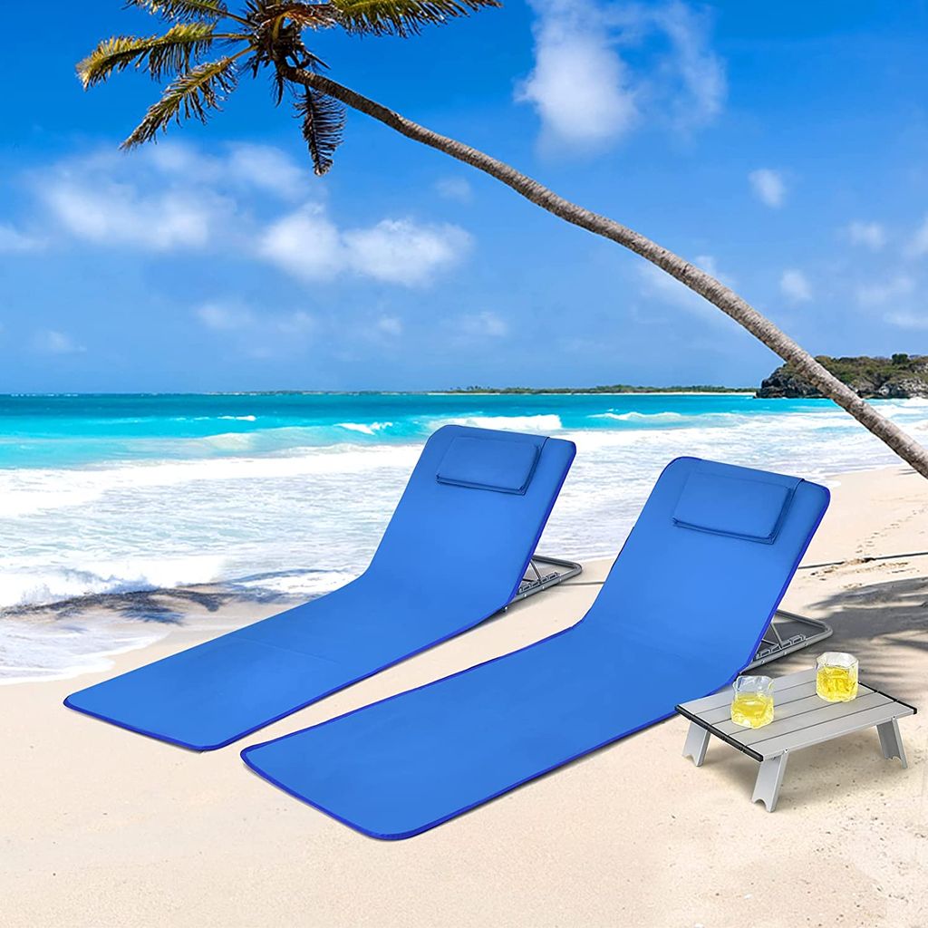GOPLUS 2er Set Strandmattenset mit Tisch, Klappbar Strandliegen mit 5-Stufig Verstellbare Rückenlehne, Aluminium-Rohrrahmen Abnehmbare Kopfstütze