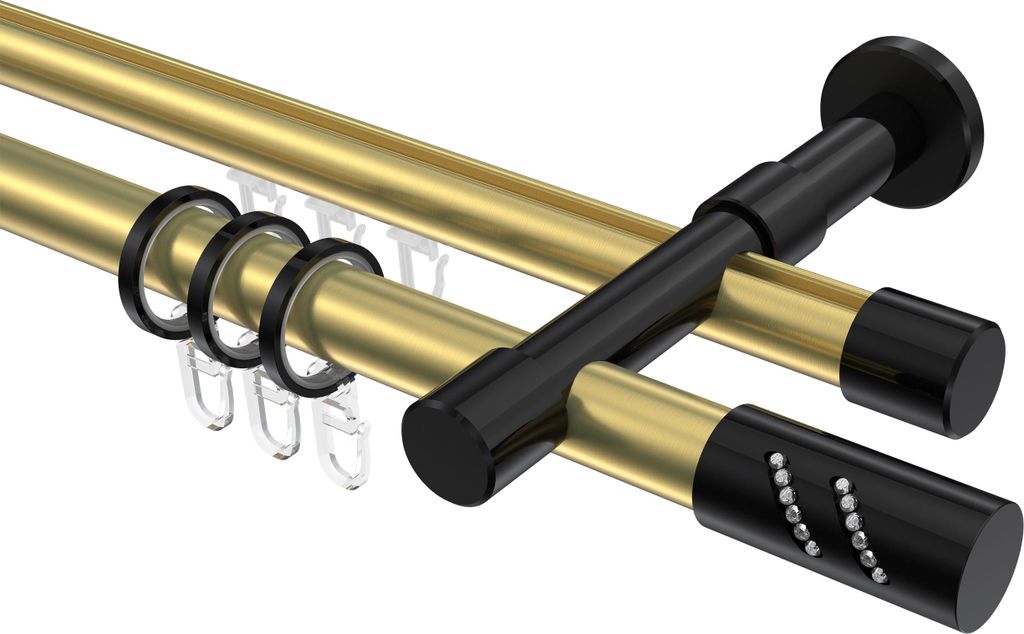 Interdeco Rundrohr-Innenlaufstange / Gardinenstange (Kombination) Messing-Optik / Schwarz, Typ Prestige Zoena (Glitzerzylinder), 20 mm Ø 2-läufig...