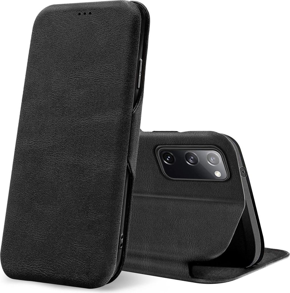 A black flip case for a smartphone is shown in a studio setting against a white background. The case is partially open, revealing the back of a smartphone with its camera module.