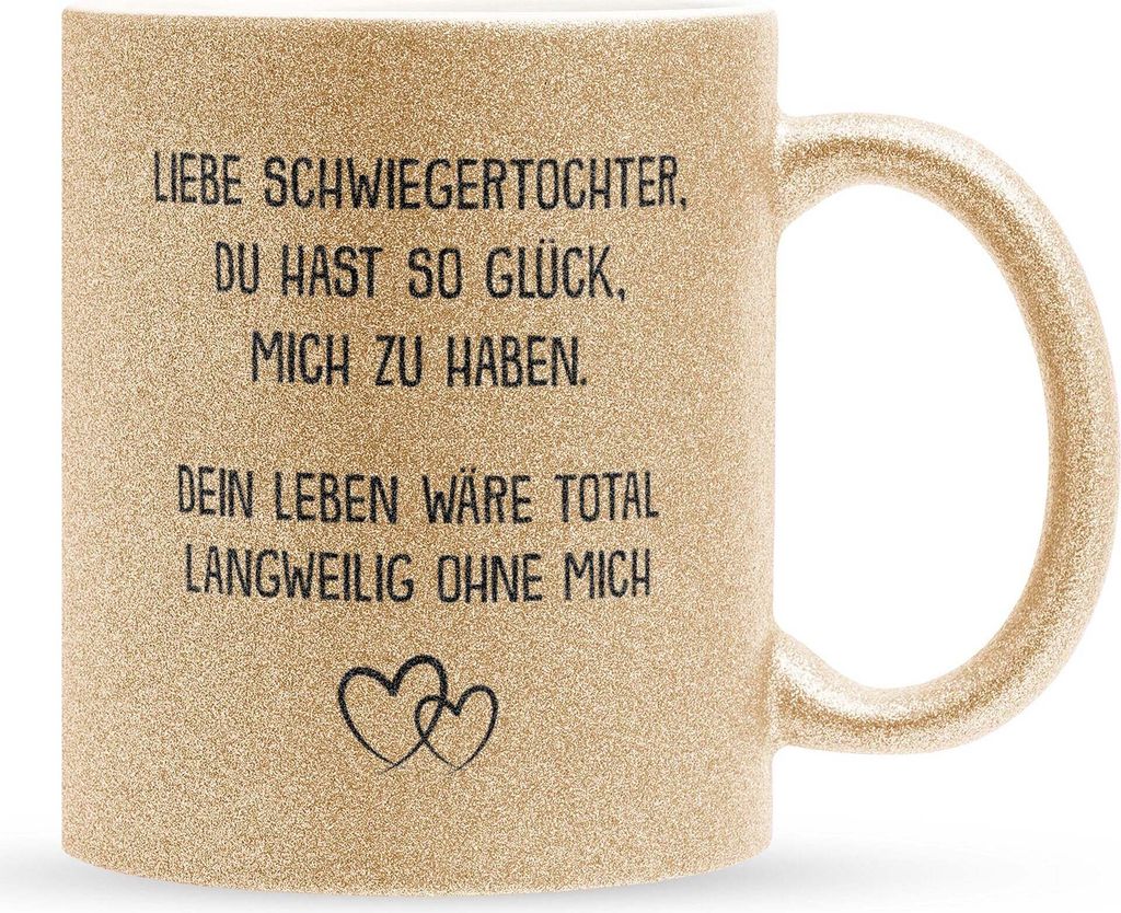 22Feels Glitzertasse Gold Schwiegertochter Geschenk Braut Hochzeit Frauen Muttertag Geburtstag Weihnachten Haferl Kaffeetasse Geschenkidee Bürotasse