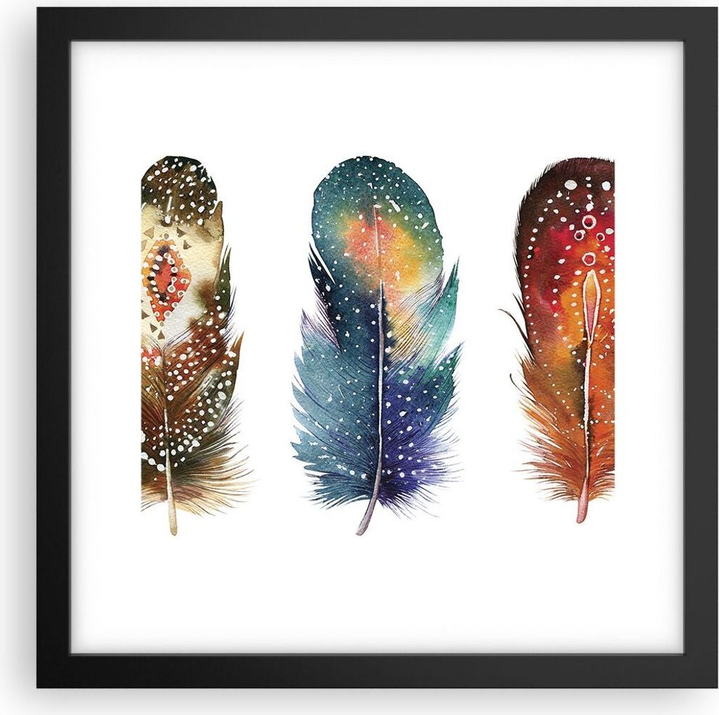 Gerahmtes Poster - Schwarzer Rahmen - Feder Vogel Farbe - 30x30 cm - Wand Bild - Wanddeko - Wandbilder - Kunstposter - Wandposter - Bilderrahmen - ...