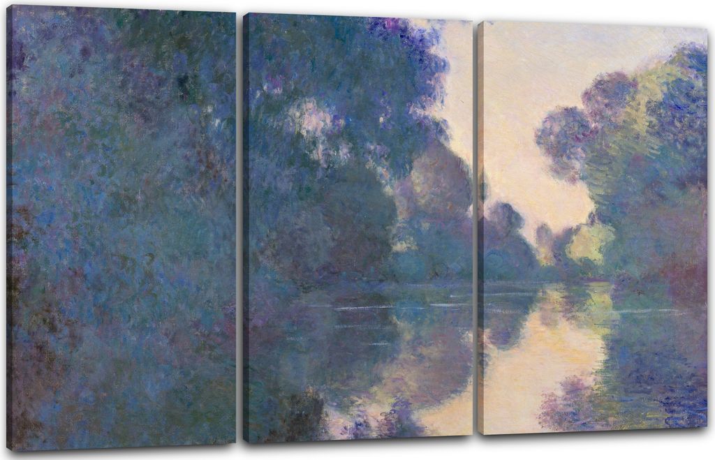 Leinwandbild 3-teilig (120x80cm): Claude Monet - Morgen an der Seine, nahe Giverny (1897), echter Holz-Keilrahmen inkl. Aufhänger, handgefertigt i...
