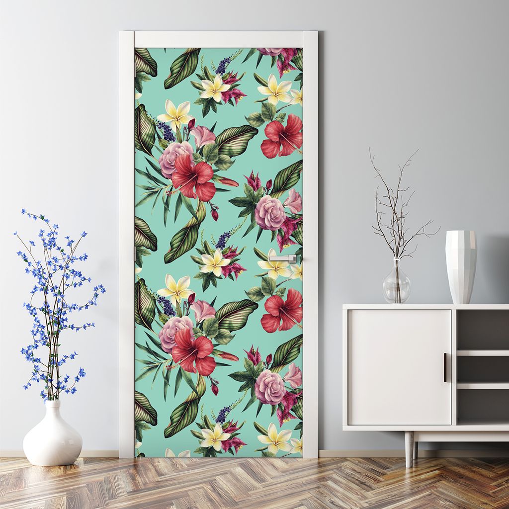Dekorative Türtapete selbstklebend Klebefolie Türposter Türaufkleber Hawaiianische Blumen 85 x 200 cm