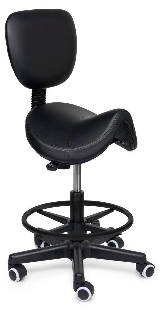 Premium Sattelhocker mit Lehne Schwarz Auf Räder - Hoch (70-84cm) / mit Fußstütze / Räder