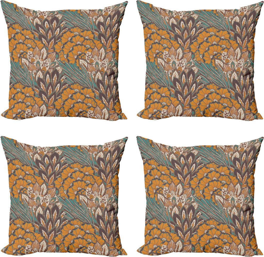ABAKUHAUS Blumen Kissenbezug Set (4 Stück), Blumen und Peacock, Moderner Doppelseitiger Digitaldruck, 40 cm x 40 cm, Petrol Blau Pale Kaffee
