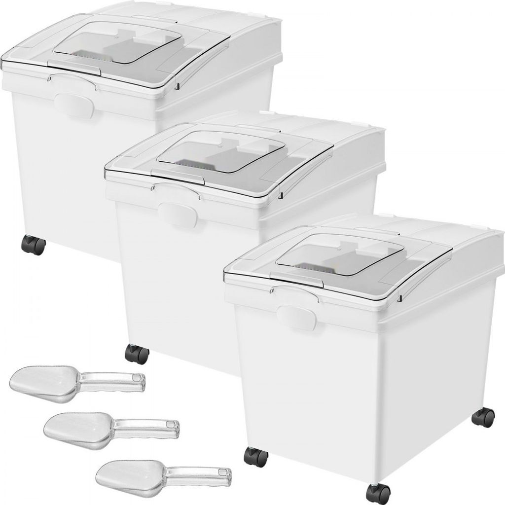 Mehl- und Reisbehälter Set - 25 kg Kapazität - 3er Pack Aufbewahrungsboxen für die Küche - Maße: 35,5 x 50 x 45 cm - Weiße Vorratsdosen - Ide...