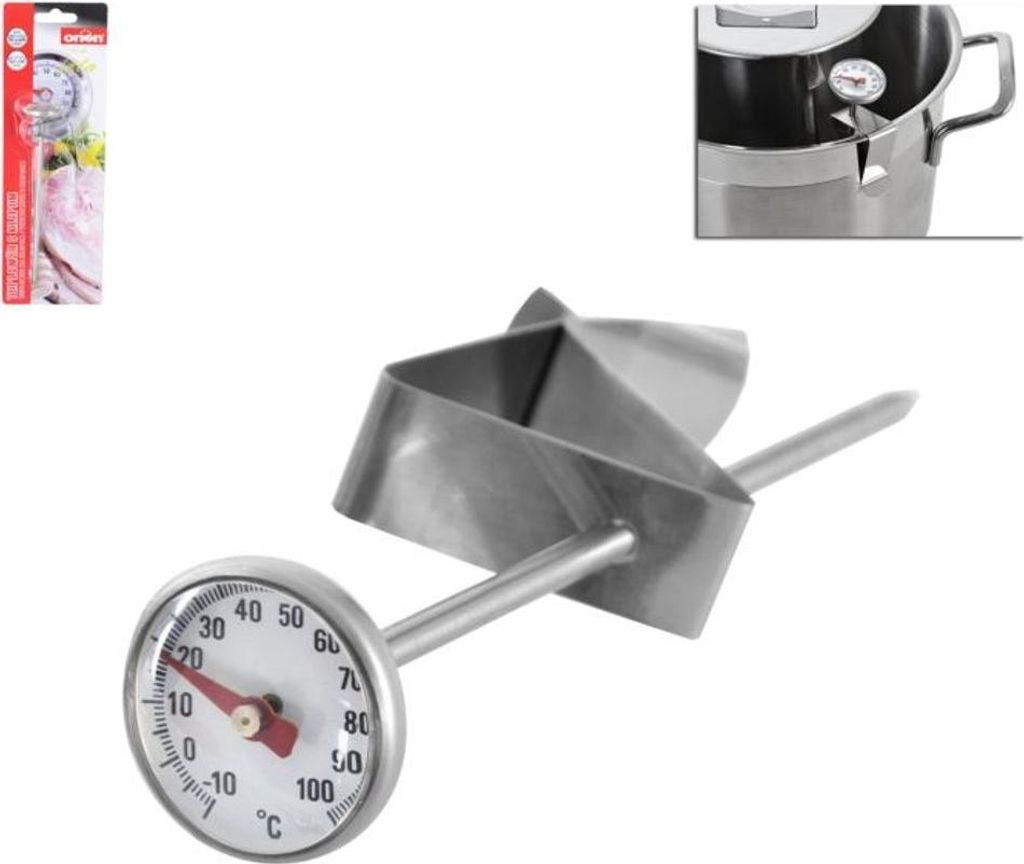 A stainless steel kitchen thermometer with a clip, shown against a white background. A small inset image shows the thermometer attached to a pot.