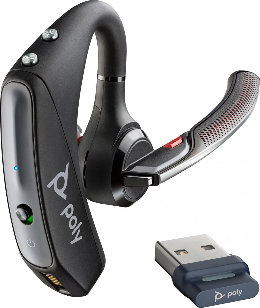 A black Poly Voyager 5200 UC headset and a USB dongle are shown against a white background.