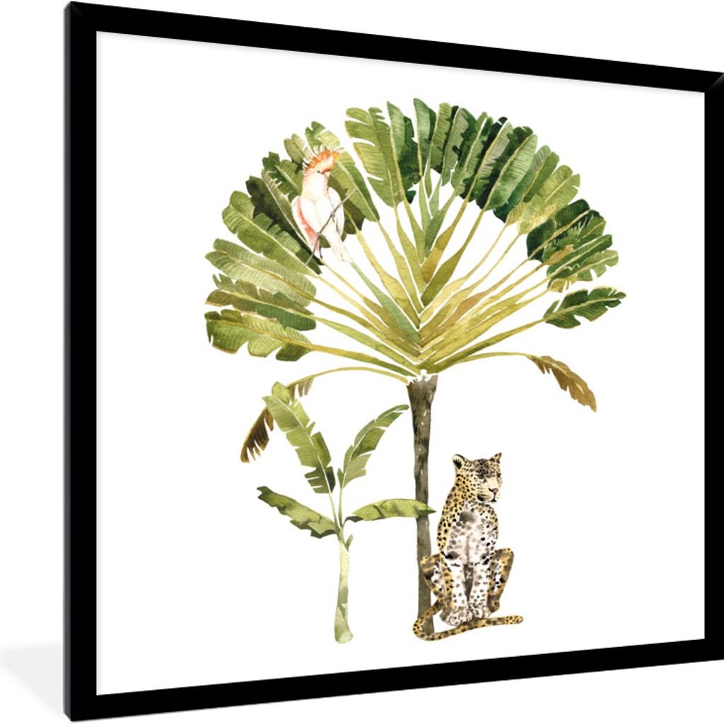 MuchoWow Gerahmtes Poster Dschungel - Kakadu - Leopard 40x40 cm - Poster mit Schwarzem Bilderrahmen Wandposter Rahmen Foto Bilder - Mit Rahmen - ...