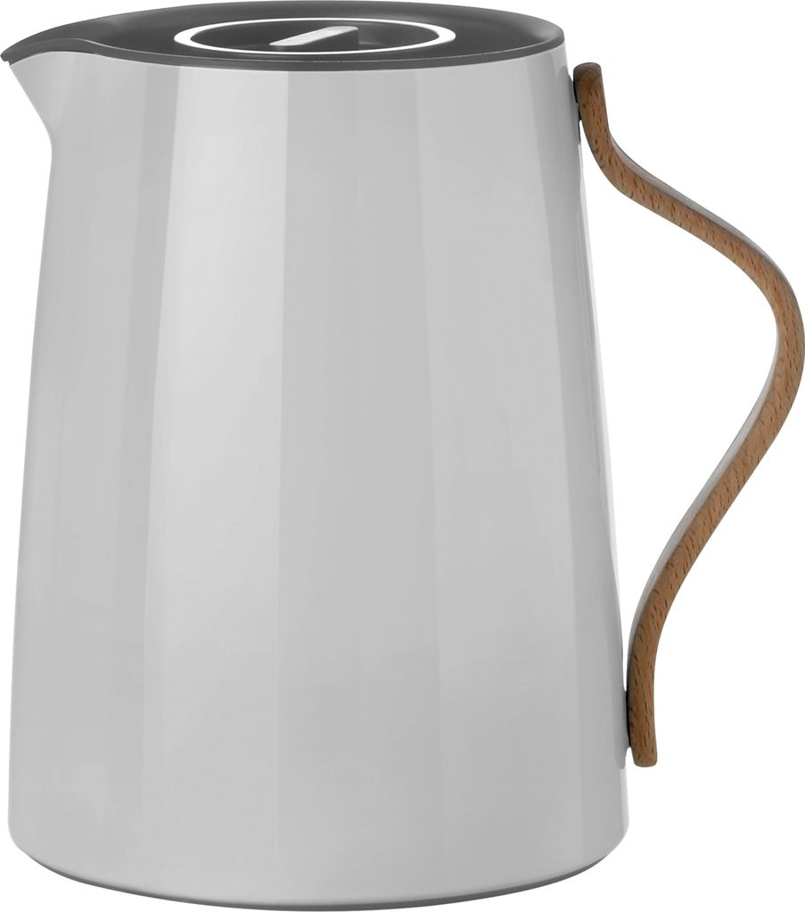 A white insulated jug with a wooden handle and a dark lid.