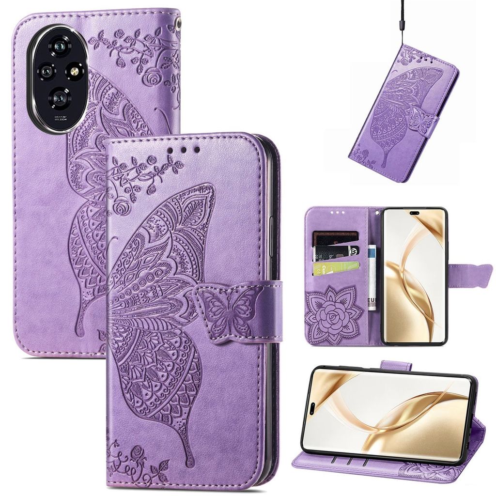 Für Honor 200 Pro Kunstleder Wallet Handy Tasche Schmetterling Design Hülle Etuis Hell-Lila