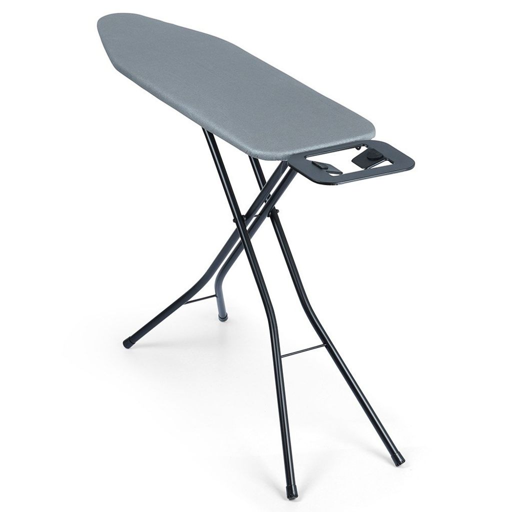 A gray ironing board with black metal legs is shown against a white background.
