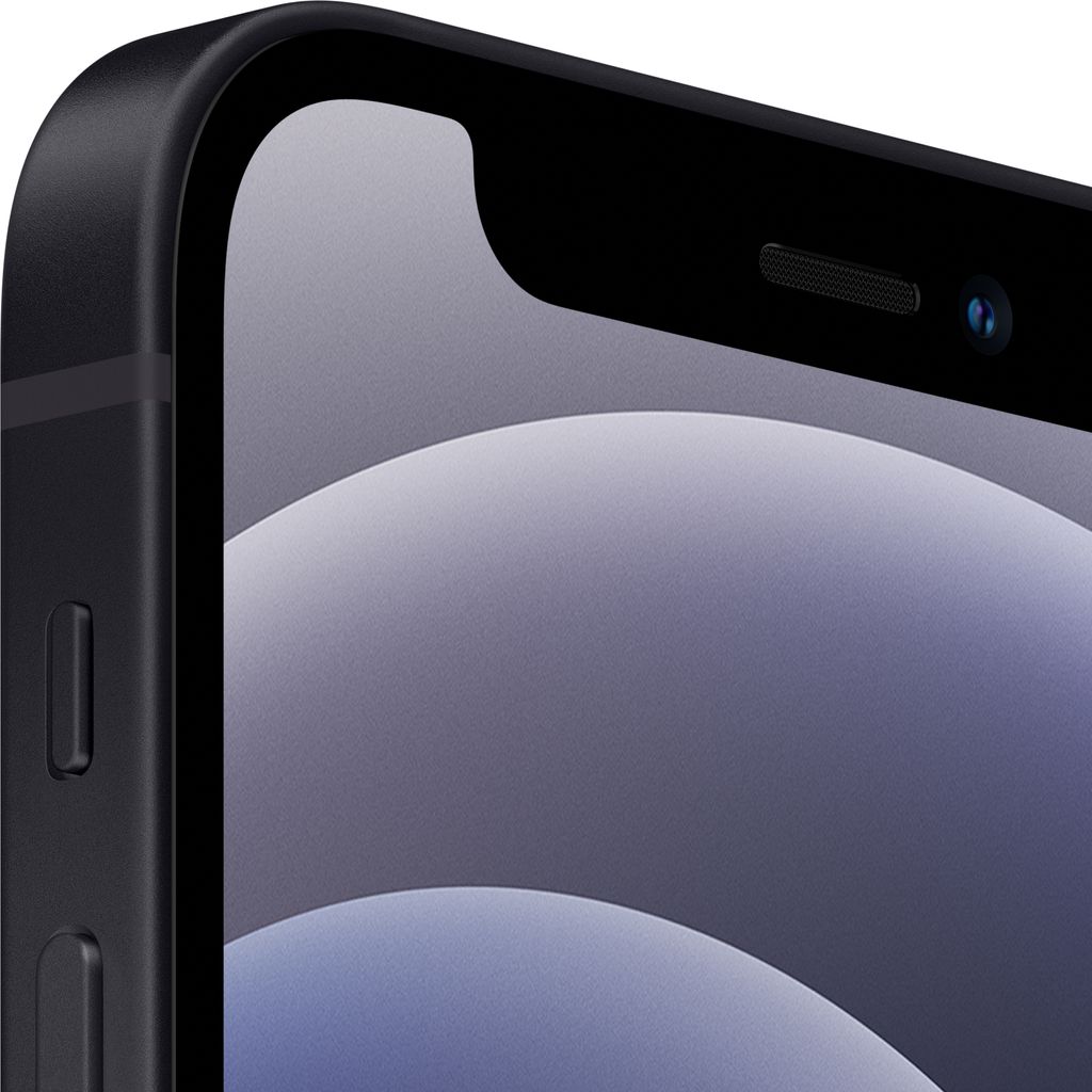 A close-up view of the top corner of a black iPhone 12 mini, showing the notch with the speaker and camera.