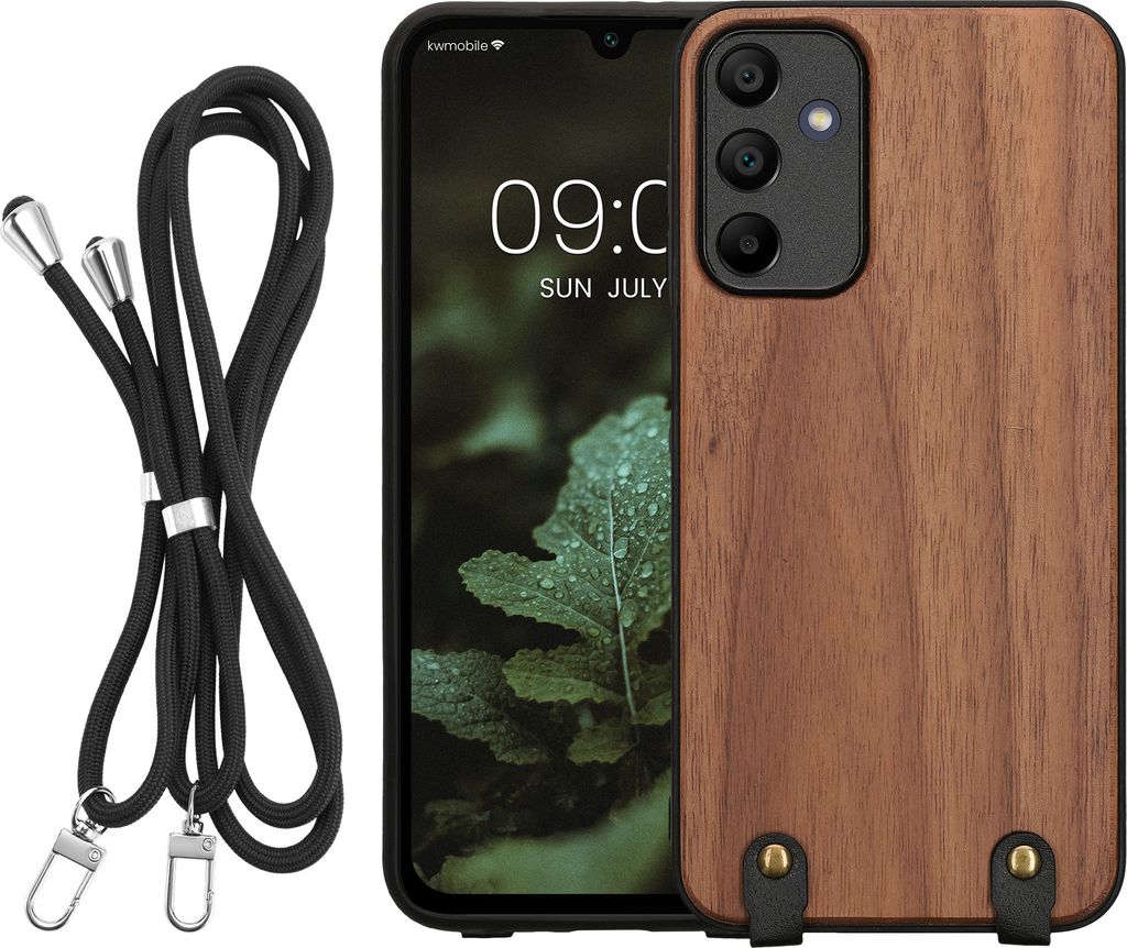 kwmobile Necklace Case kompatibel mit Samsung Galaxy A15 5G Hülle - Holz TPU Cover mit Handykette - Band Handyhülle Dunkelbraun
