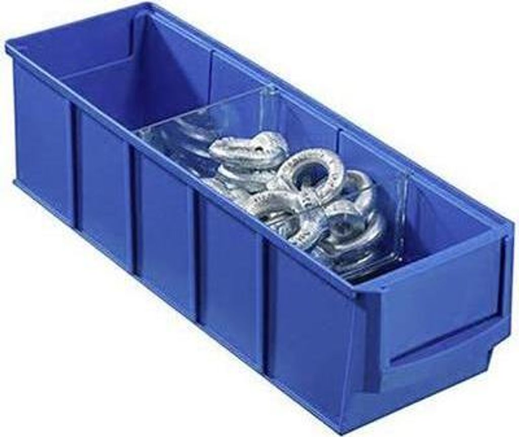 A blue storage bin with metal rings inside, shown against a white background.