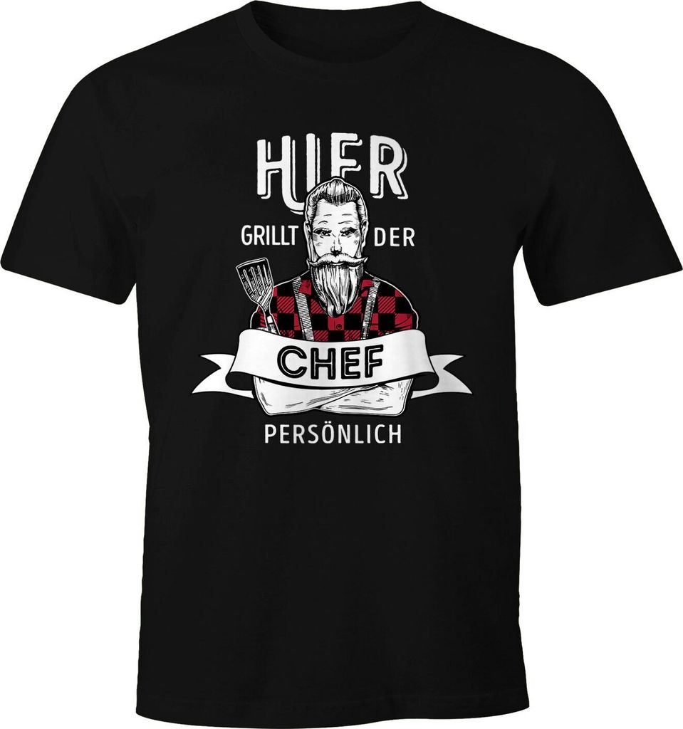 Herren T-Shirt Hier grillt der Chef persönlich Spruch Hipster Grillen Fun-Shirt Moonworks schwarz 4XL