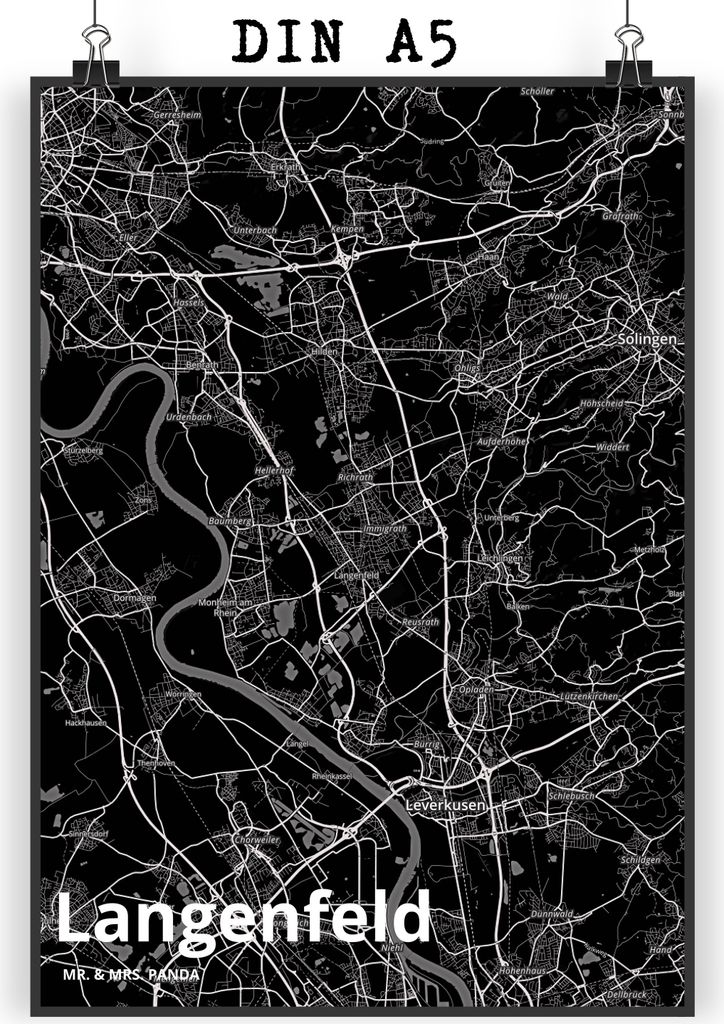 Mr. & Mrs. Panda Bild Langenfeld DIN A5 - Geschenk, wandkunst, wanddeko, Stadt, Plakat, Dorf Karte Landkarte Map Stadtplan, drucke, Wandbild