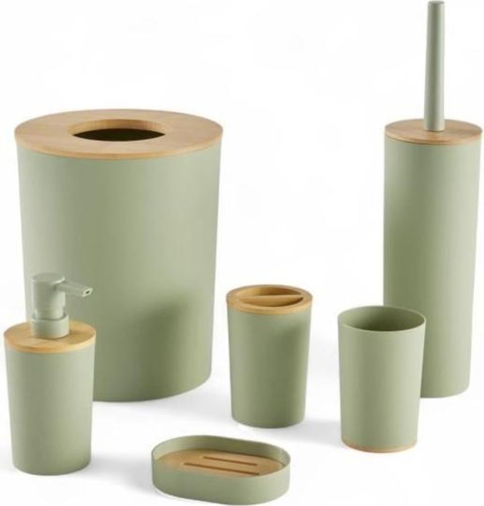 Badezimmer Accessoire Set 6-teilig, TODAY UTILITY, Seifenspender, Becher, Zahnbürstenhalter, WC Bürste, 7L Mülleimer, Grün
