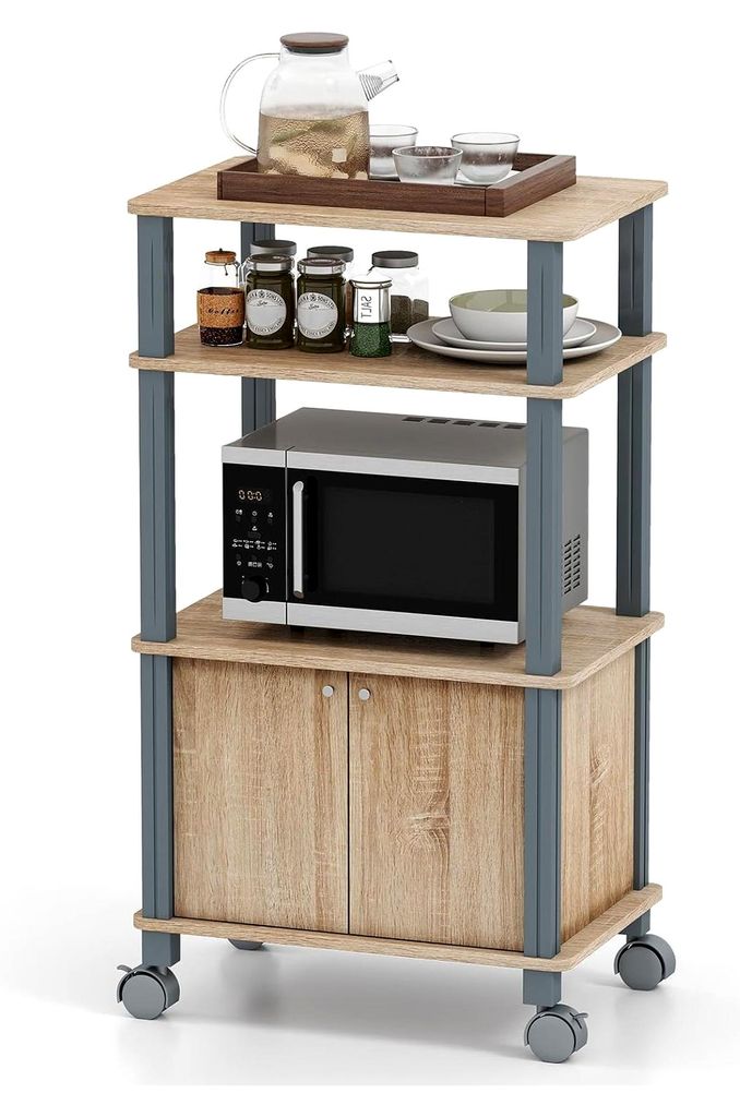 Küchenregal mit Rollen, Küchenwagen mit Ablagen und Schrank, Standregal für Küche und Esszimmer, Servierwagen für Mikrowelle, Mikrowellenregal...