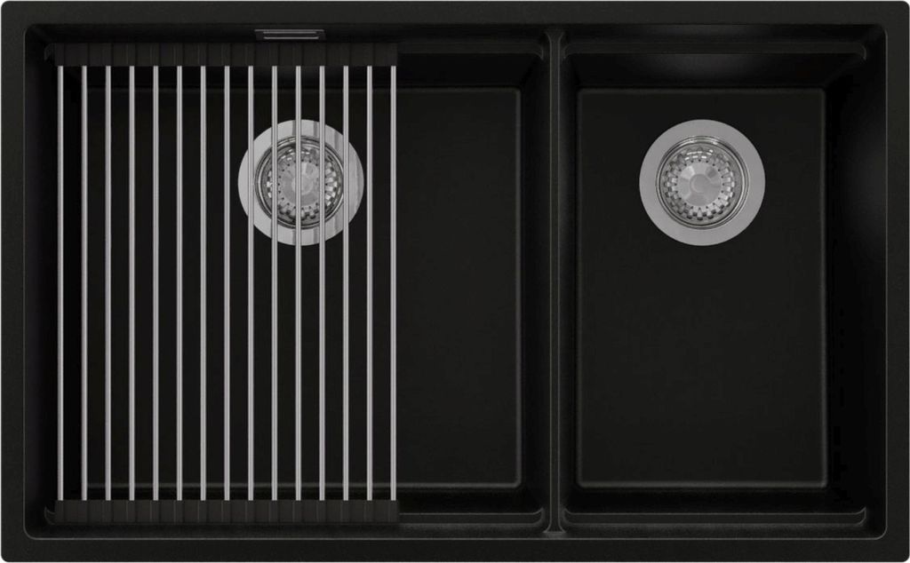 PRIMAGRAN Spülbecken Schwarz 76x47cm, Granitspüle 2 Becken + Ablauf-Set + Aufrollbare Abtropffläche, Küchenspüle ab 80er Unterschrank - Praga ...