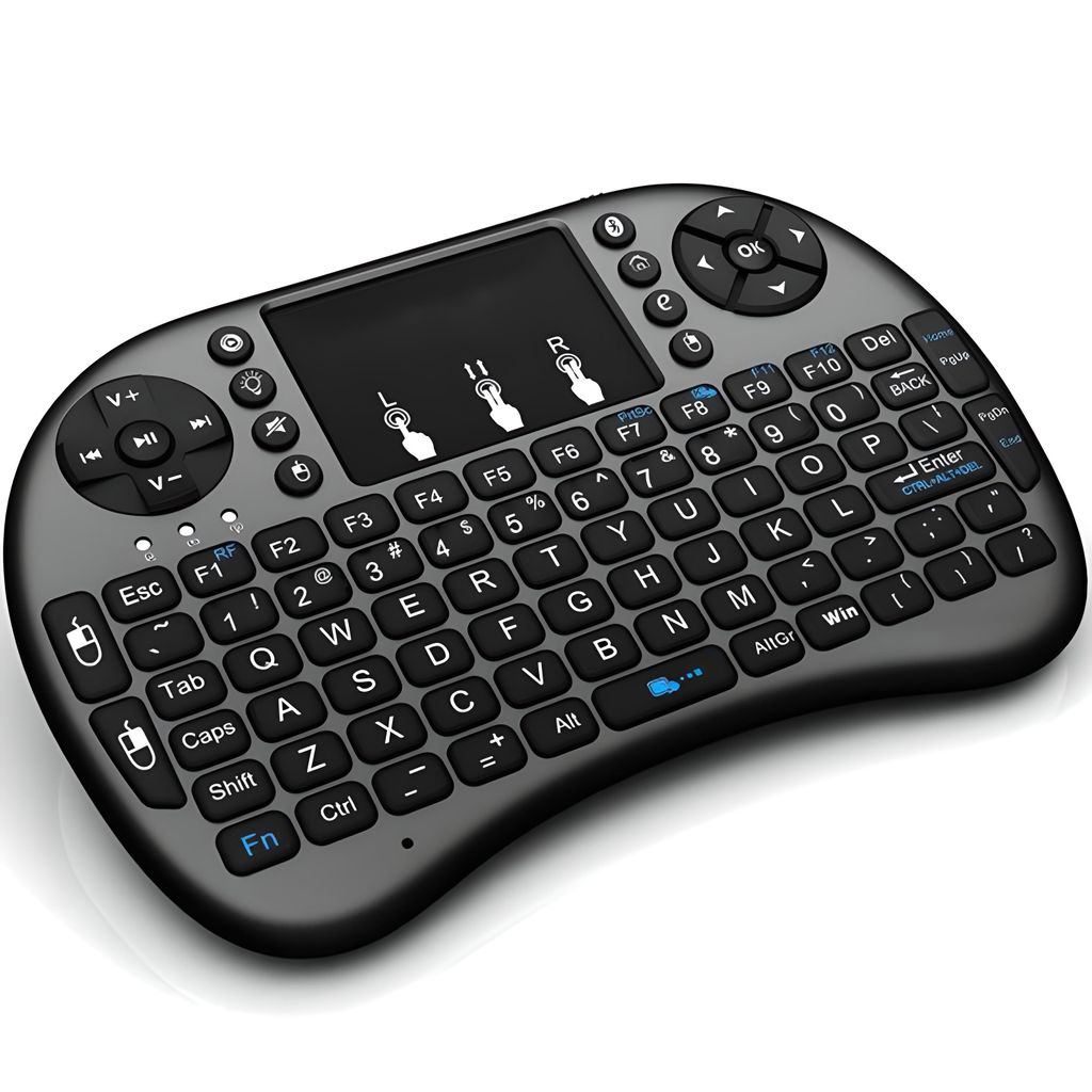 A studio shot of a wireless keyboard with a touchpad.